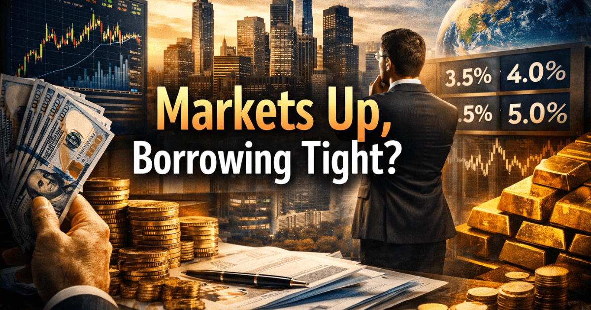 Investor reviewing credit markets and borrowing costs as bond demand rises, showing stock charts, interest rate levels, cash, and gold against a global financial backdrop.