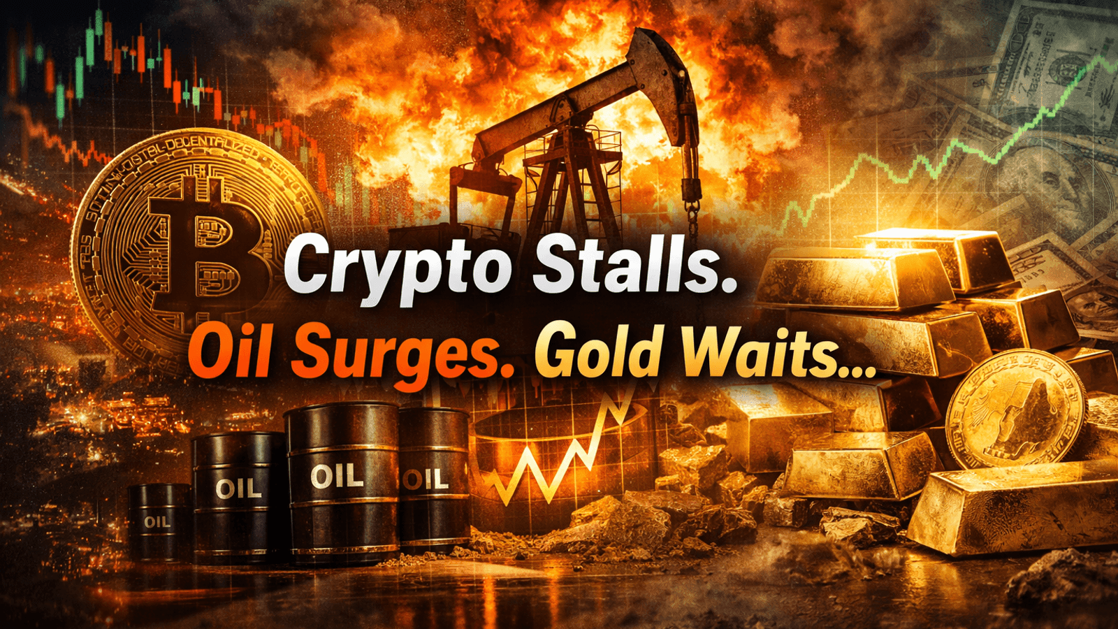 Bitcoin losing momentum with falling crypto chart, oil prices surging above $110 with burning oil rig, and gold bars rising against strong dollar backdrop showing global macro investing trends