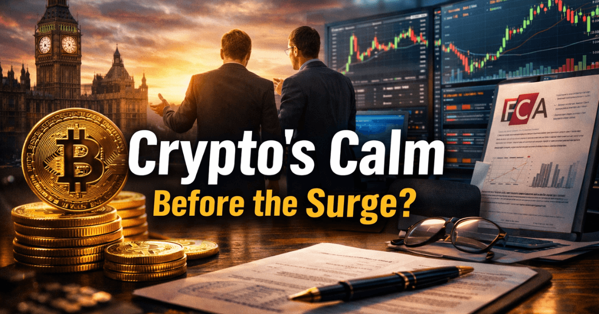 Bitcoin market consolidation illustrated alongside UK crypto regulation and institutional investor analysis in a modern financial setting