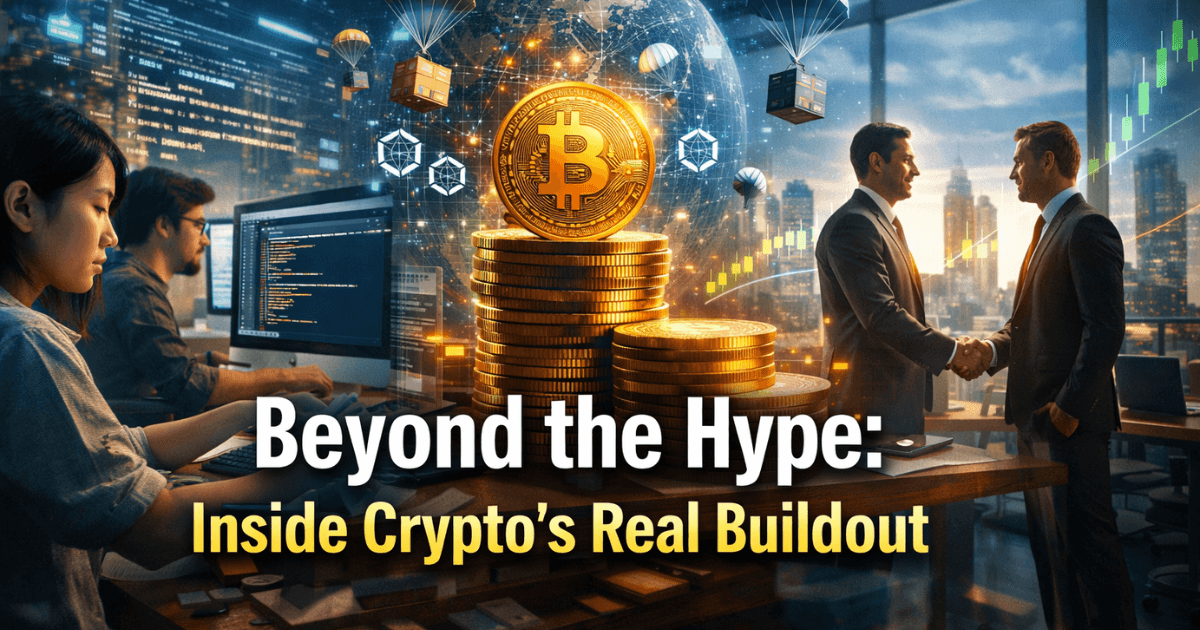 Illustration showing crypto developers, token distribution mechanics, and institutional deal-making, highlighting the structural evolution of the cryptocurrency market