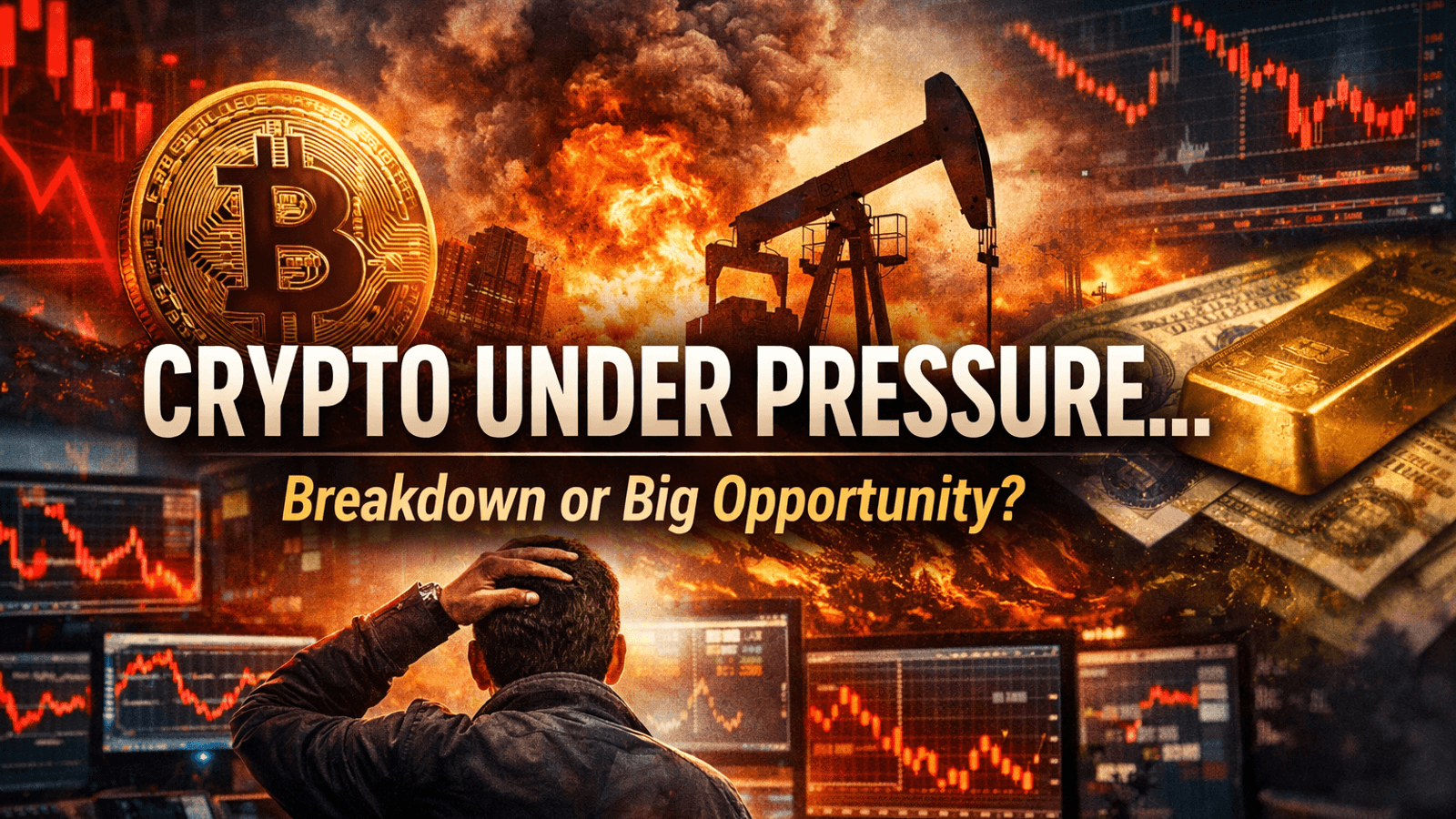 Bitcoin under pressure with falling crypto charts, oil surge, gold bars, and stressed trader showing global market volatility and liquidity crisis