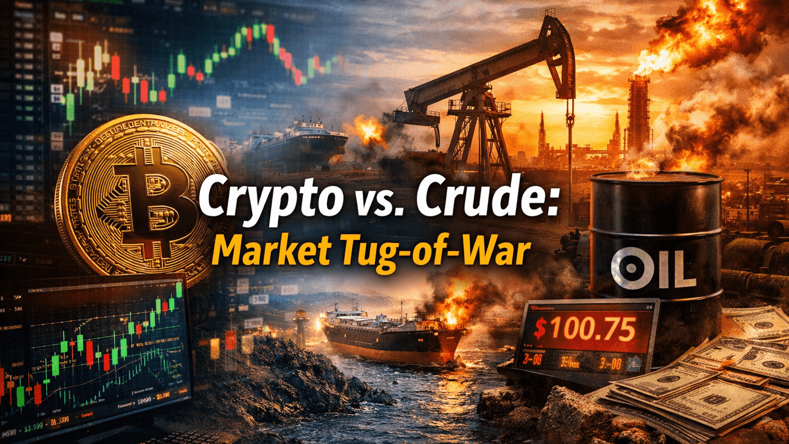 Bitcoin and crude oil market clash illustration showing crypto charts, oil rigs, tankers, and $100 oil price reflecting macro forces shaping investor portfolios.
