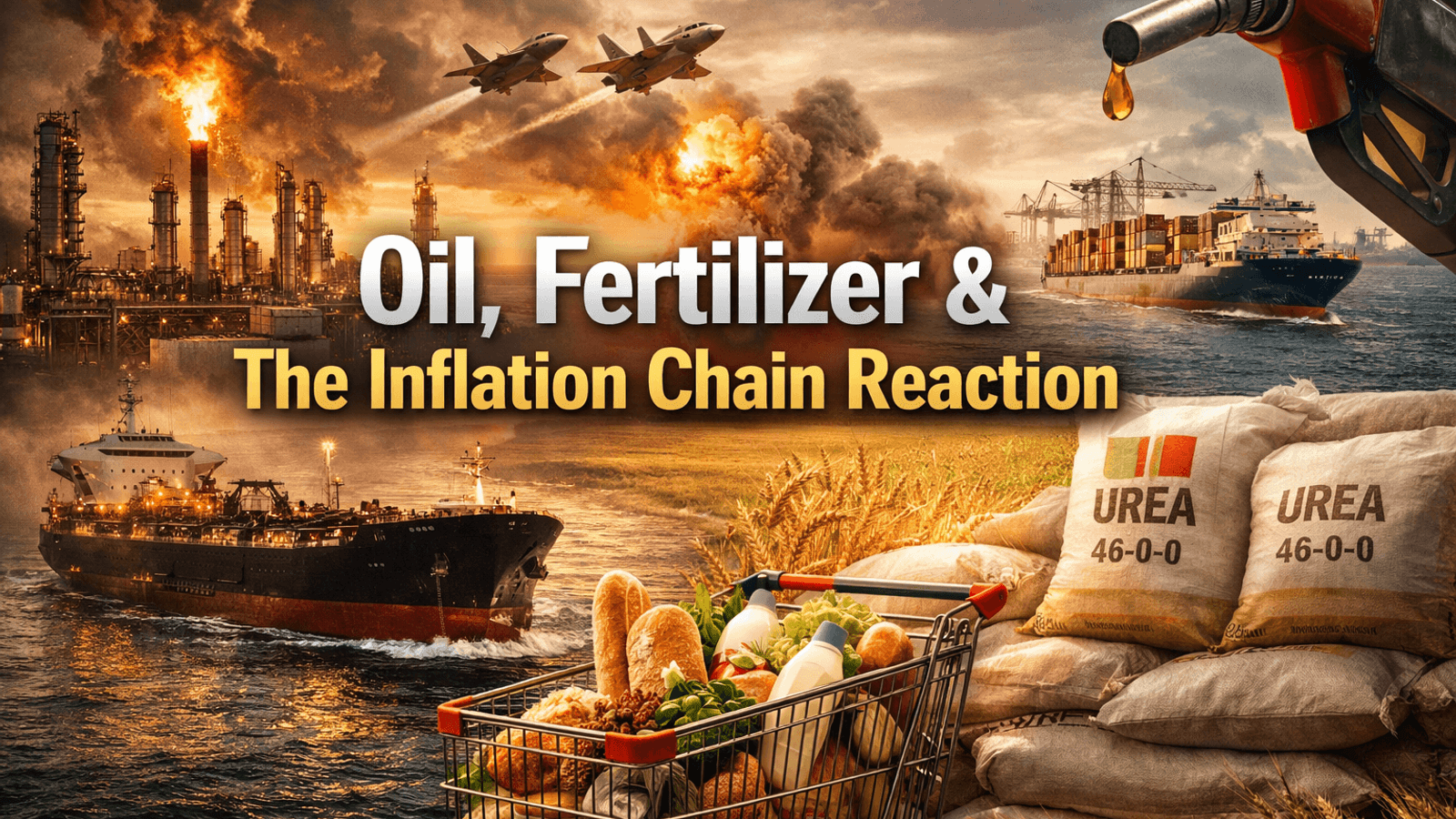 Oil tanker, fertilizer bags, and shipping routes illustrating how geopolitical conflict drives oil prices, fertilizer costs, and global food inflation