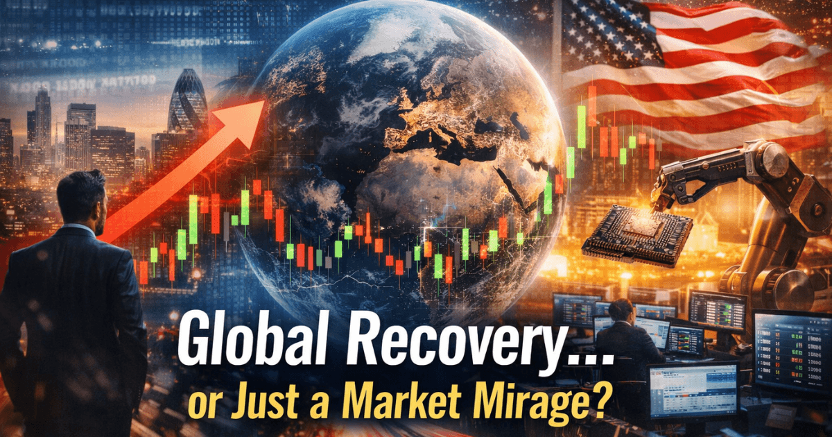 Global economic outlook 2026 showing IMF growth forecast, AI-driven investment, inflation trends, and global market signals