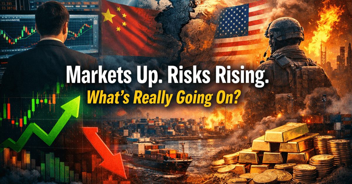 Global economic tensions rising while stock markets climb amid geopolitical risk and investor uncertainty