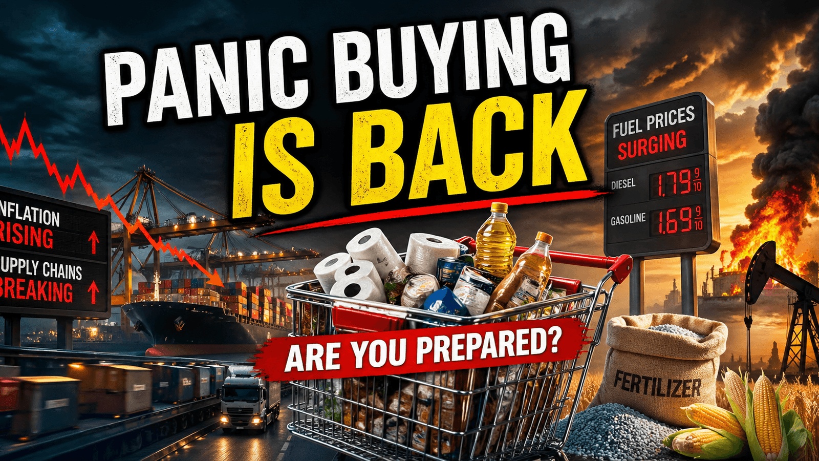 Hyper-realistic scene showing panic buying with a full shopping cart, rising fuel prices, broken supply chains, and fertilizer-driven food inflation during a global economic crisis