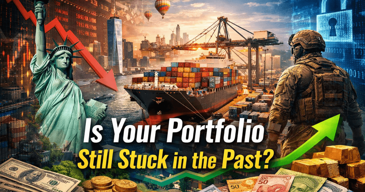 Hyper-realistic visual showing global capital shifting beyond U.S. markets with emerging economies, global trade routes, cybersecurity, and defense themes reshaping modern investment portfolios.