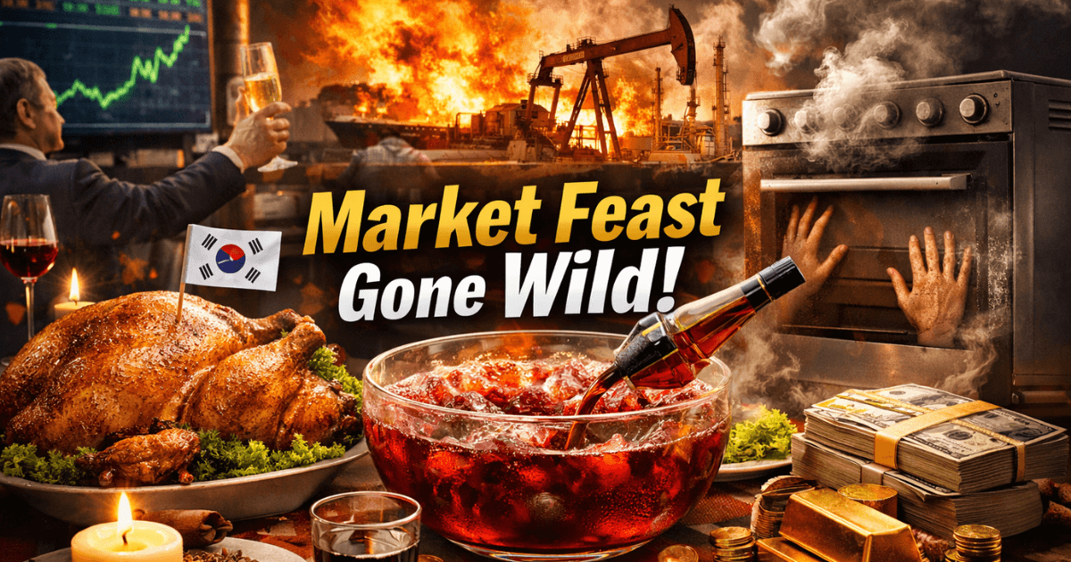 Global markets volatility illustrated as a chaotic dinner table with South Korea stimulus turkey, spiked oil punch bowl, and supply chain oven crisis representing economic uncertainty in 2026
