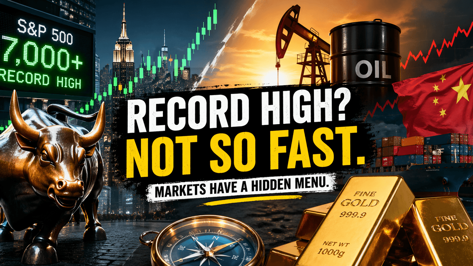 Hyper-realistic financial scene showing stock market record highs with rising oil prices, China export slowdown signals, and gold as a safe haven investment during global macroeconomic uncertainty