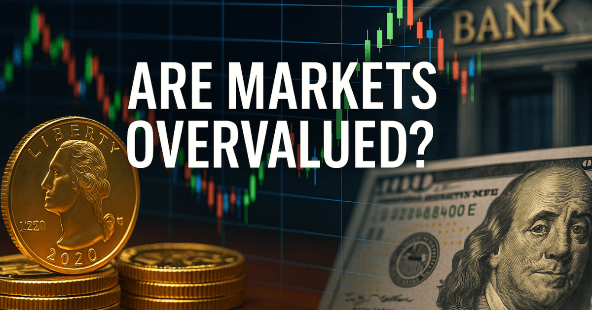 Gold prices, AI stock market charts, U.S. dollar bill, and bank building symbolizing market valuation risks and financial stability concerns.