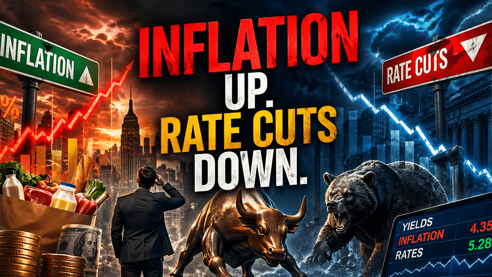 Hyper-realistic financial market scene showing rising inflation, falling rate cut expectations, and market repricing with bull and bear figures, stock charts, and economic indicators