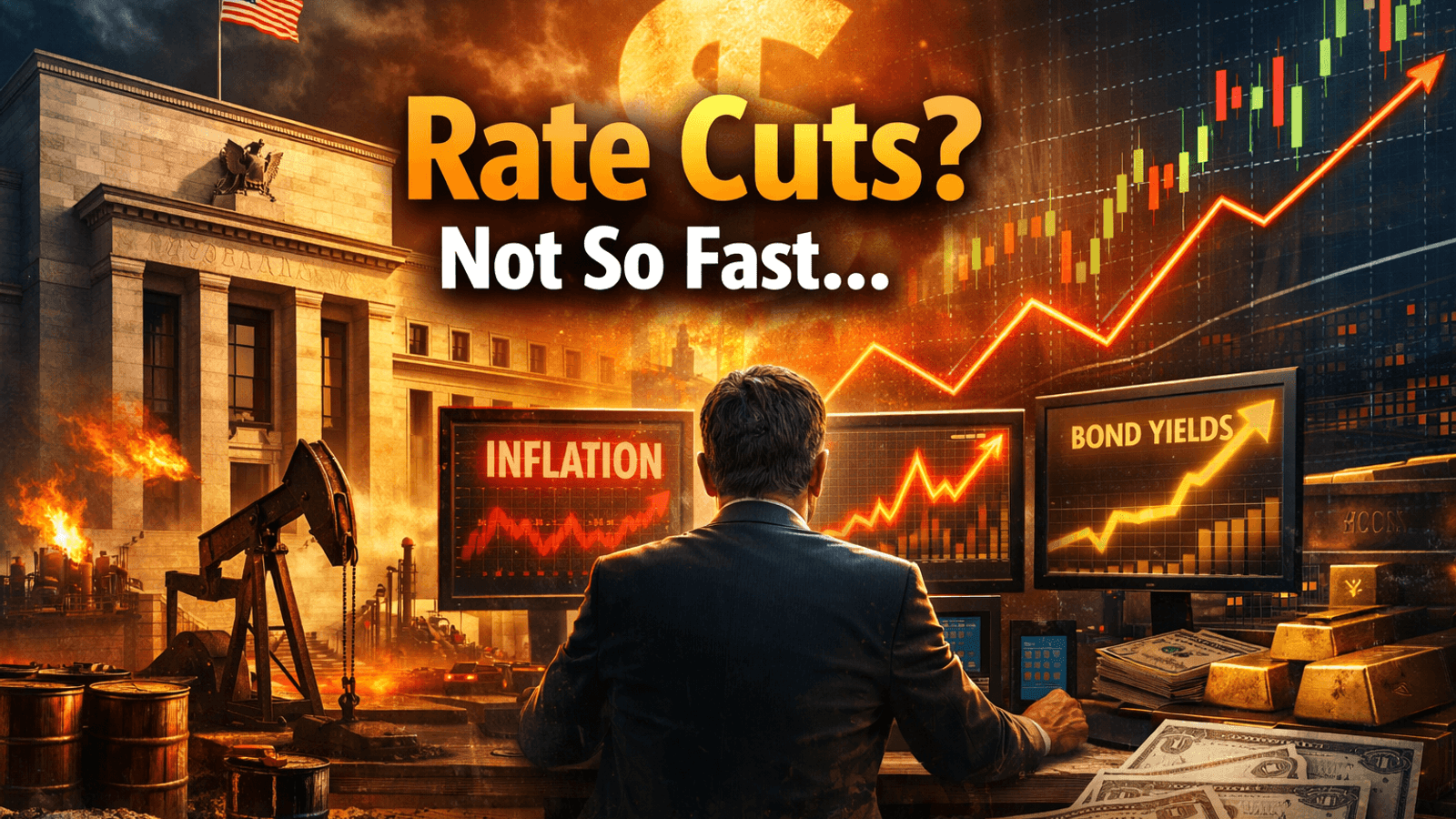 Investor analyzing rising bond yields, inflation surge, and US dollar strength as interest rates outlook shifts toward higher-for-longer policy