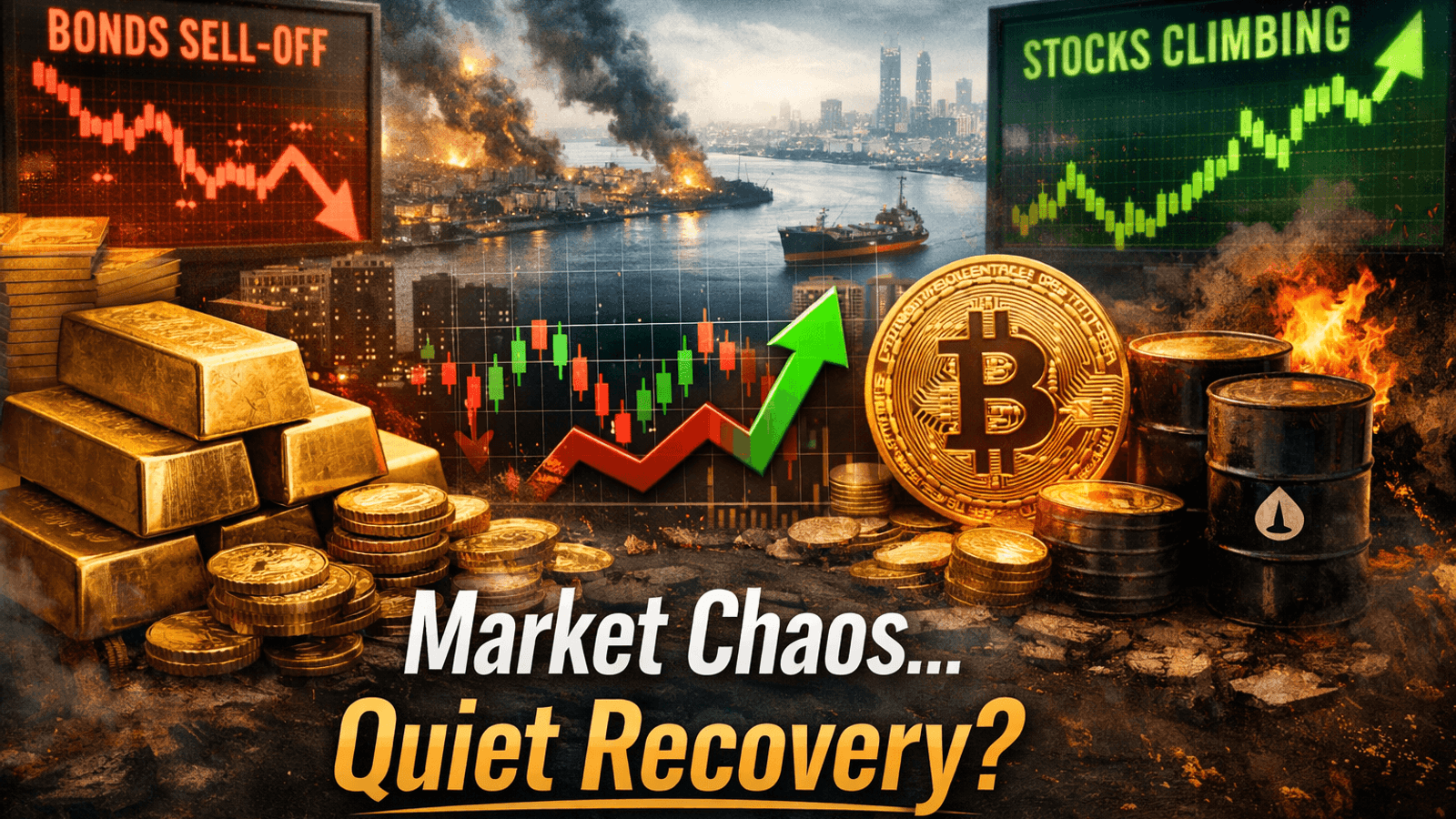 Global market resilience 2026 showing capital rotation from bonds to stocks, gold and bitcoin during geopolitical crisis with quiet recovery signals