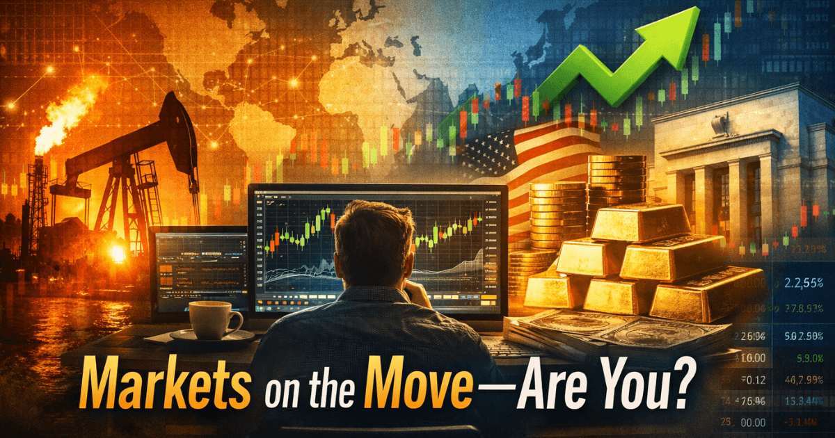 Investor analyzing U.S. stock market charts with rising oil prices, gold bars, and inflation signals in a volatile global market environment