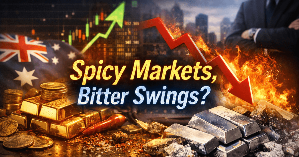 Hyper-realistic visual showing AUD/USD currency surge, gold and silver price swings, and volatile global market trends impacting investor confidence