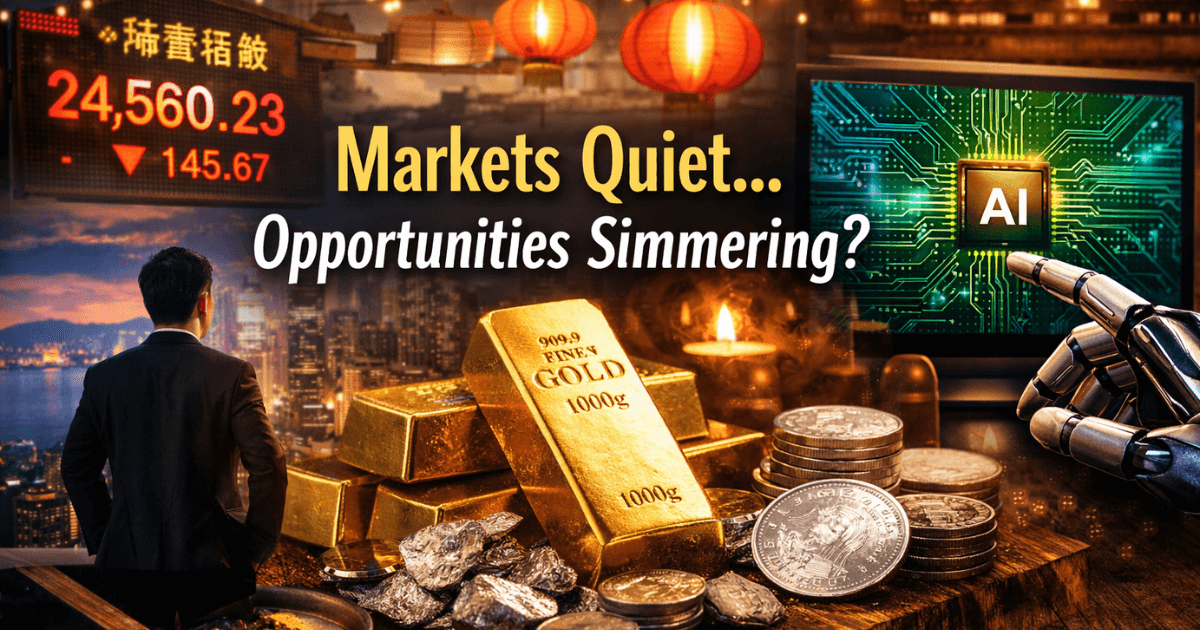 Asian stock market screen, gold and silver bars, and AI chip visualizing quiet markets and emerging investment opportunities