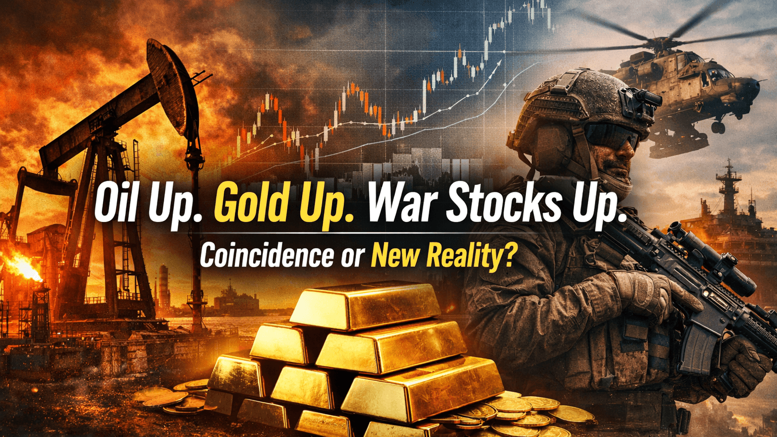 Oil prices rising, gold bars safe haven investment, and defense stocks gaining as geopolitical tensions reshape global financial markets