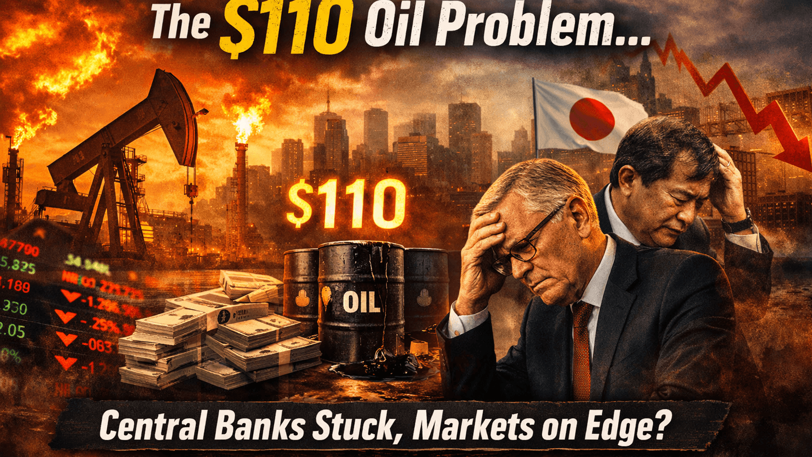 Hyper-realistic scene of $110 oil price impact with stressed central bankers, falling stock market charts, and global economic uncertainty driven by inflation and energy crisis