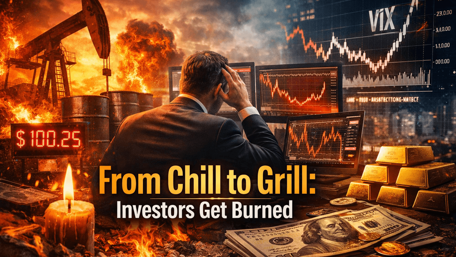 Hyper-realistic scene showing oil prices surging past $100 while a stressed investor watches falling markets, rising bond yields, and VIX volatility as inflation fears return.