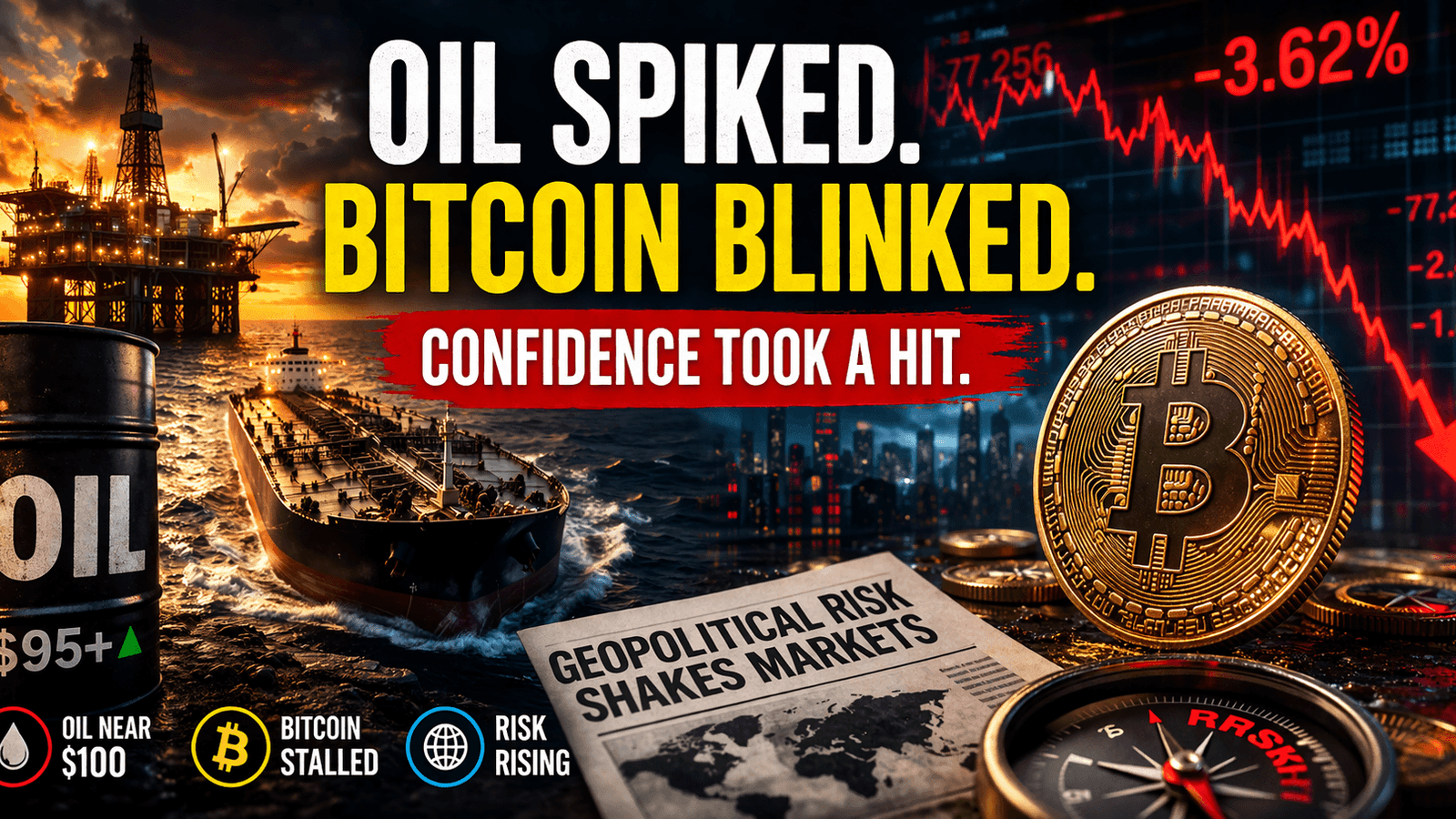 Oil prices surging near $100 with Bitcoin pullback and falling crypto chart amid rising geopolitical risk and global market volatility
