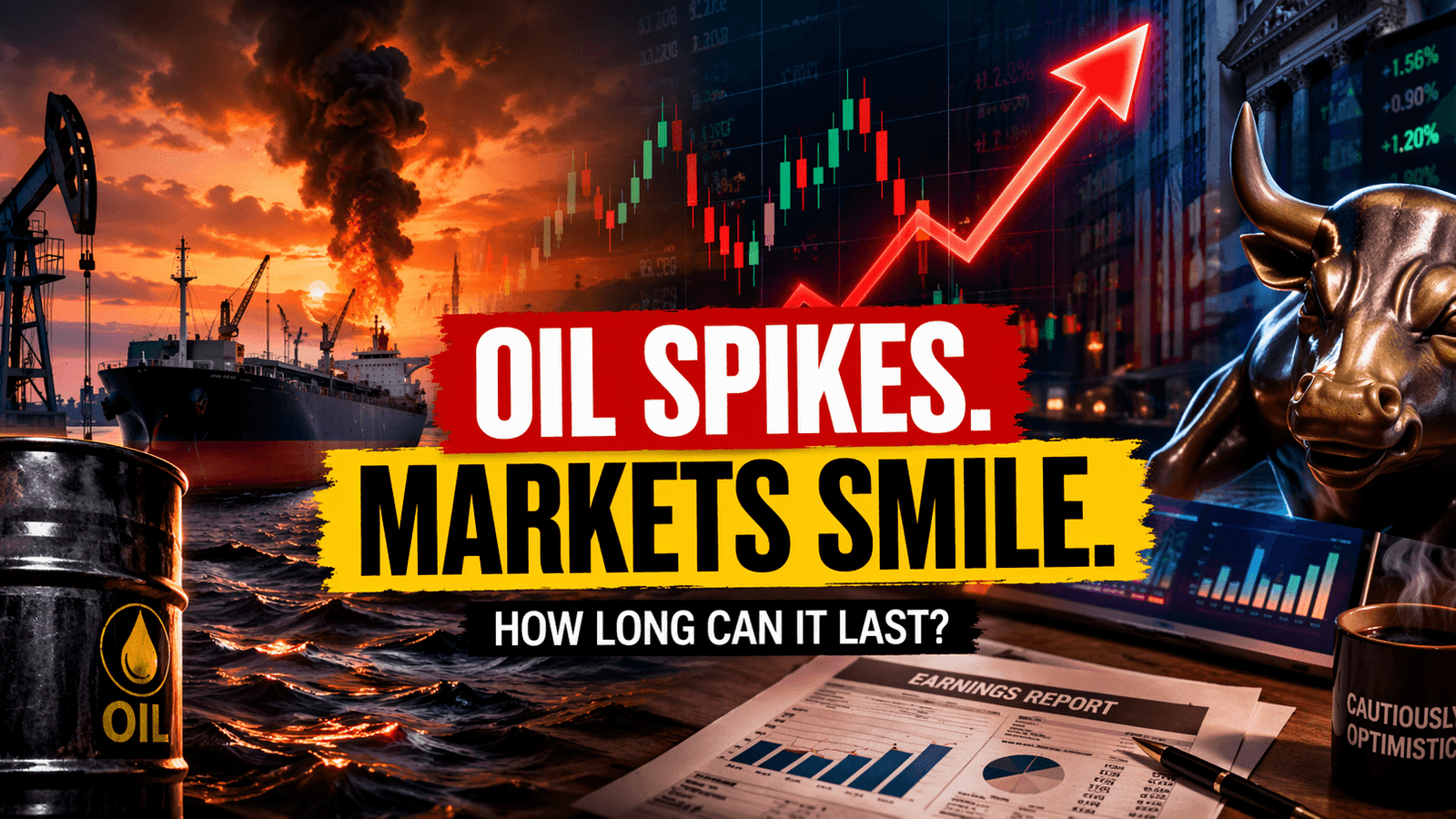 Oil price surge and stock market rally with bullish trend chart and earnings report highlighting stagflation risk and market sentiment volatility
