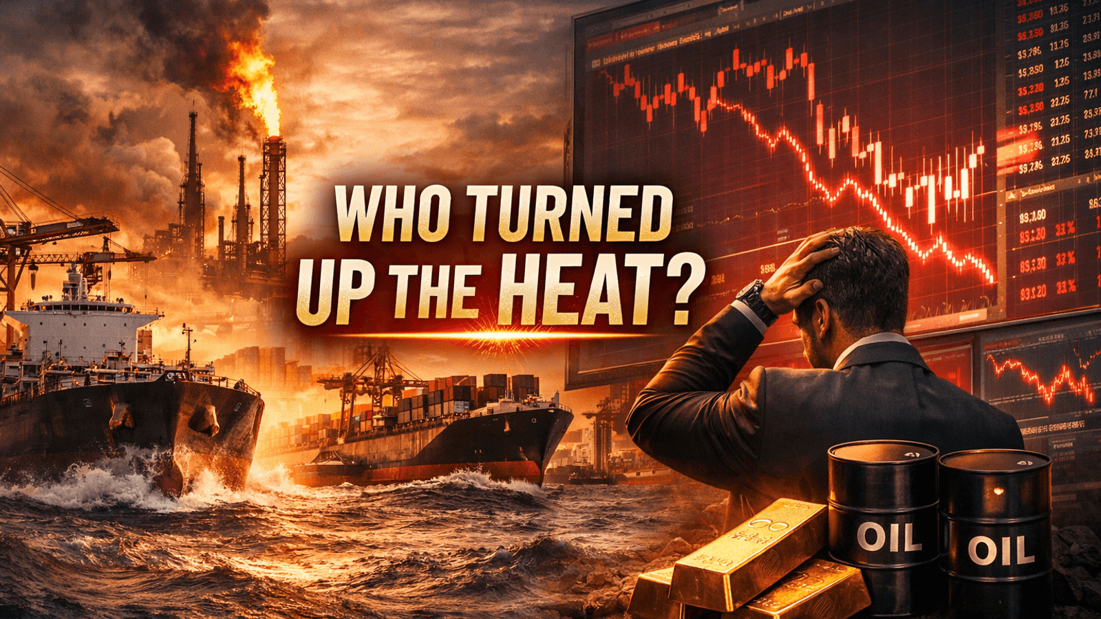 Oil price surge impacting global markets with tanker ships, falling stock charts, and rising gold as investors react to inflation and geopolitical risk