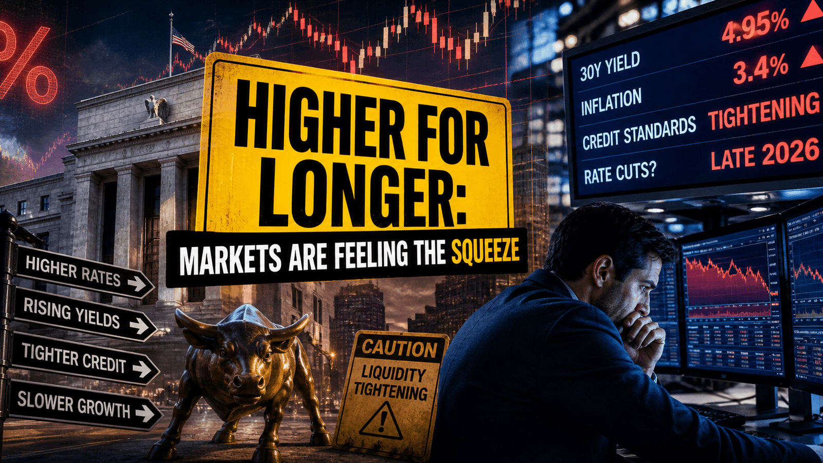 Hyper-realistic financial dashboard showing rising bond yields and interest rates with city skyline backdrop, representing liquidity tightening and global market outlook