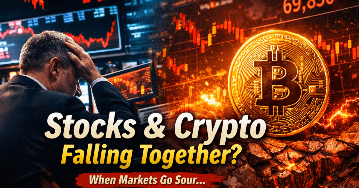 Investor reacting to falling stock market charts alongside a dropping Bitcoin price, showing how stocks and crypto move together during market volatility
