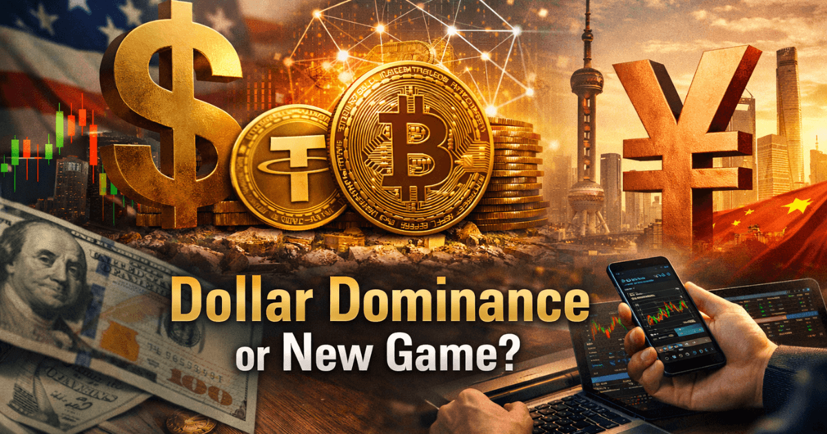 Hyper-realistic image showing U.S. dollar, Bitcoin, stablecoin symbols, and China’s RMB against global city skylines, representing global currency shifts, strong dollar impact, and digital finance trends