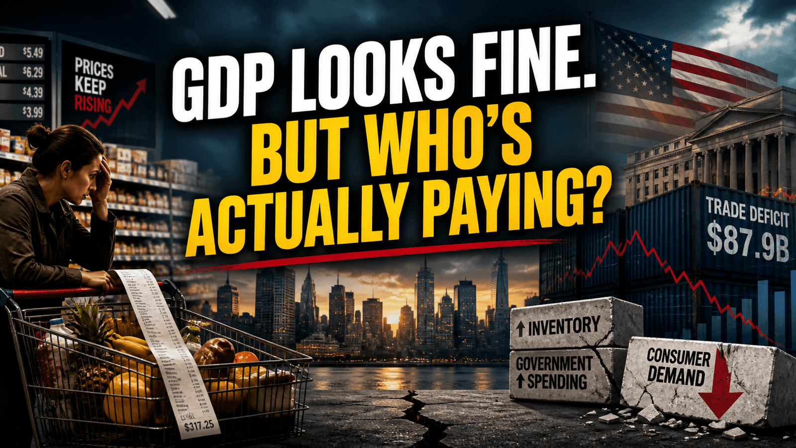 U.S. consumer slowdown with rising prices, misleading GDP growth driven by inventory and government spending, and expanding trade deficit visualized in a macroeconomic scene