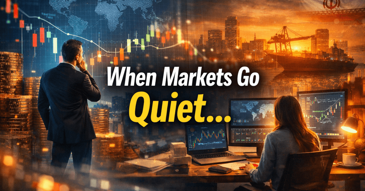 Investors analysing quiet financial markets with stock charts, global trade visuals, and capital flow signals as markets pause and capital quietly repositions