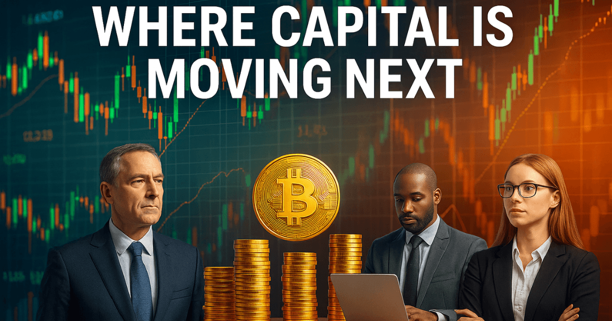 Institutional investors analysing crypto IPOs, AI infrastructure investment, and global capital flows with market charts in the background