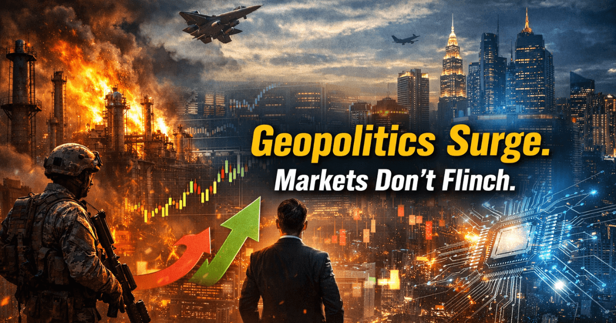 Hyper-realistic image showing global geopolitics, oil infrastructure disruption, military tension, rising stock market charts, AI semiconductor visuals, and a calm investor observing resilient financial markets despite global uncertainty.