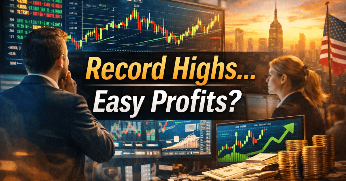 Hyper-realistic image of professional investors analysing stock market charts at record highs, highlighting why rising markets do not always mean easy returns for investors